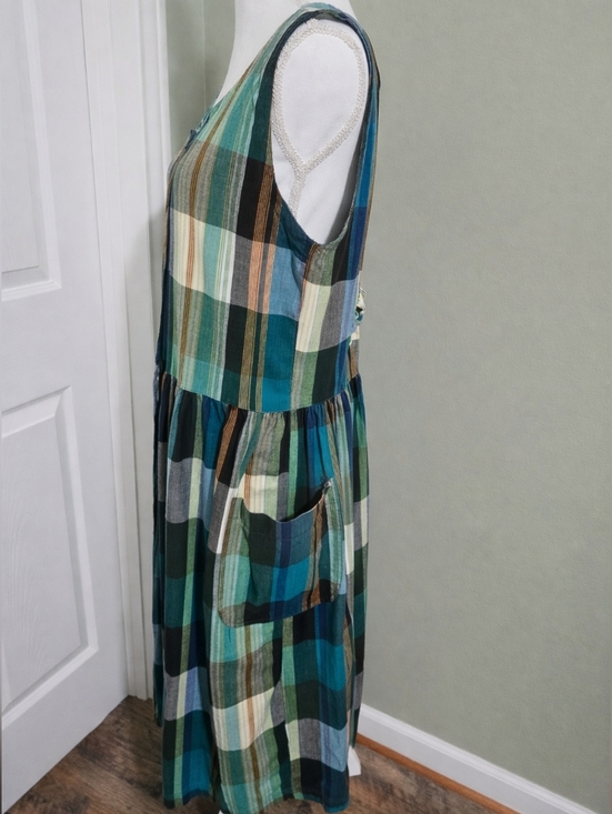 Vintage 90s Erika Plaid Cotton Midi Dress Lagenlook Bubble Hem Pockets Tie Back - Picture 5 of 11